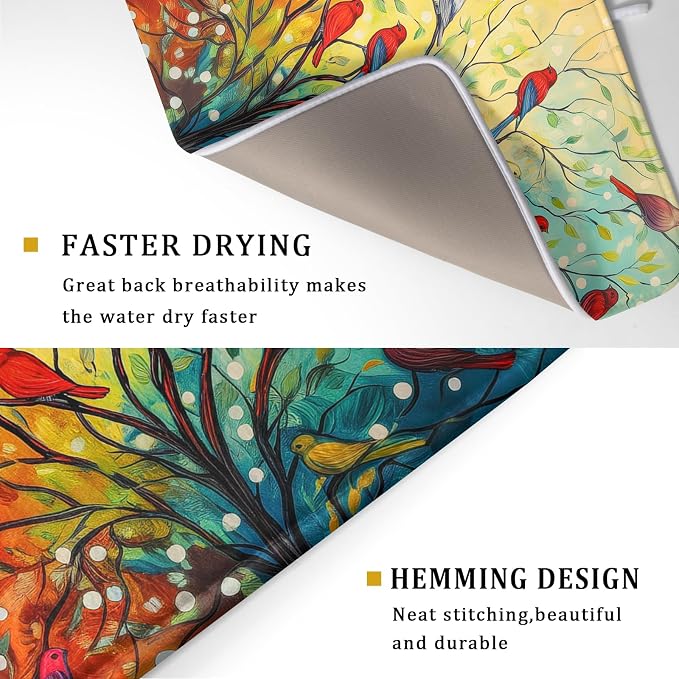 Dish Drying Mat for Kitchen Counter 18x24 Inch Summer Floral Birds Kitchen - Image 3