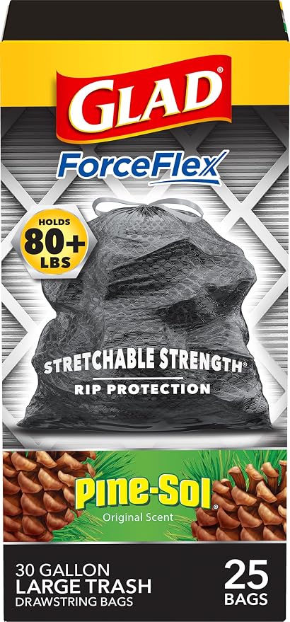 Glad Large 30 Gallon Trash Bags, Pine-Sol Heavy Duty Garbage Bags, Forceflex by GladTrashFoodStorage