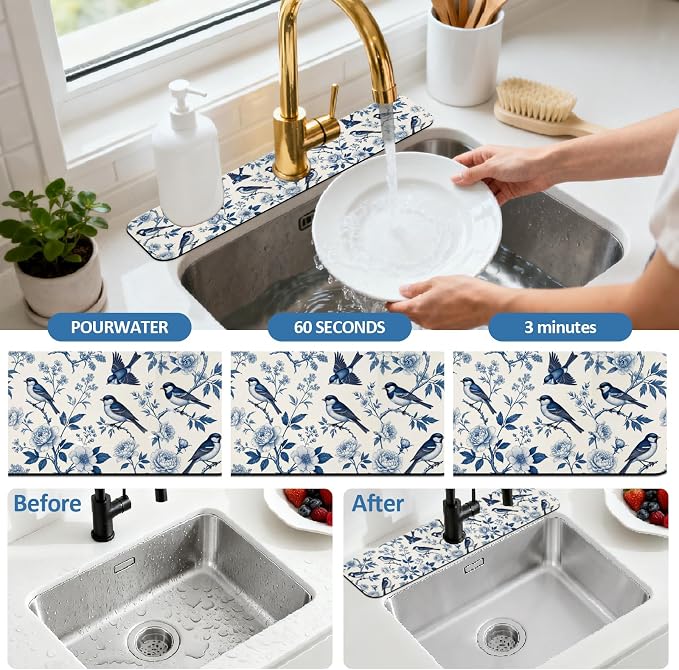 2 Pcs Blue Flowers and Birds Kitchen Sink Splash Guard Faucet Mat | Faucet Mat - Image 5