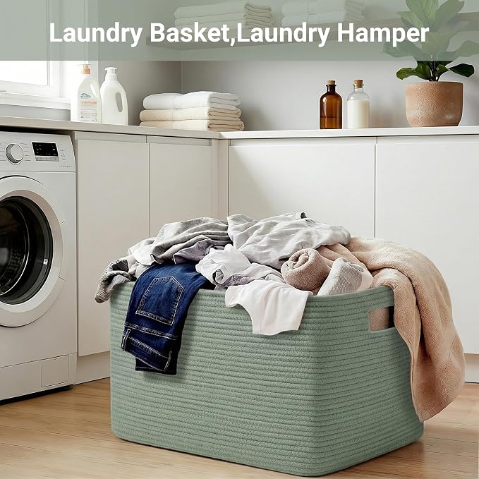 75L Green Cotton Rope Storage Basket, Large Rectangle Laundry Hamper - Image 6
