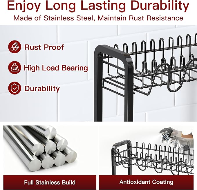 BOOSINY 2 Tier Black Stainless Steel Dish Drying Rack - Image 4