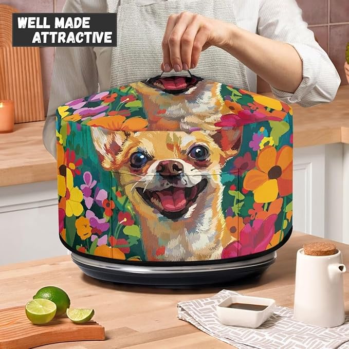 Chihuahua Dog Floral Oil Paint Print Slow Cooker Cover Fits 6/7/8 Quart Large Crock Pot Practical Electric Pressure Cooker Cover Keep Kitchen Clean and Easy to Use, 16 x 14 x 9.6 inch