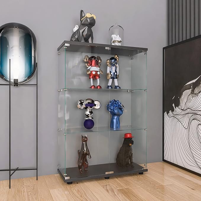 Yoluckea 3 Shelves Glass Display Cabinet with 2 Doors, Floor Standing Clear Glass Curio Cabinet Collection Display Case for Living Room Bedroom 49.49” x 31.77”x 14.37” Black