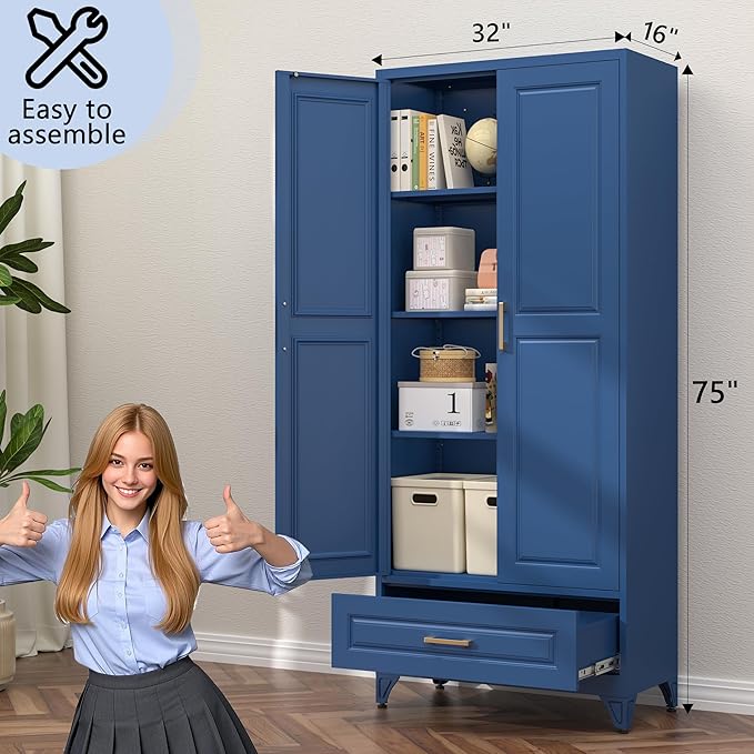 75” Kitchen Pantry Storage Cabinet,Metal Tall Storage Cabinet with Drawers and Adjustable Shelves,Modern Kitchen Hutch Cabinet,Freestanding Cupboard for Living Room,Blue