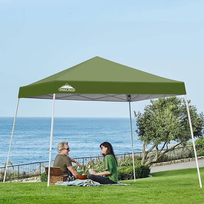 EAGLE PEAK 10x10 Slant Leg Pop-up Canopy Tent Easy One Person Setup Instant Outdoor Beach Canopy Folding Portable Sports Shelter 10x10 Base 8x8 Top (Grass Green)