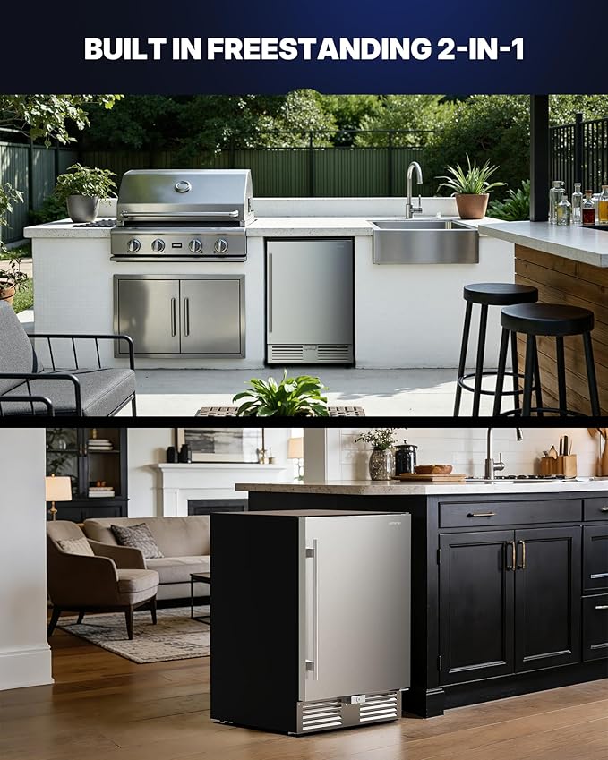 Upstreman 24 Inch Outdoor Refrigerator, Under Counter Refrigerator with Stainless Steel Door, Weatherproof, LED Light, Built-in or Freestanding Beverage Fridge for Home, Patio or Commercial Use-BR50