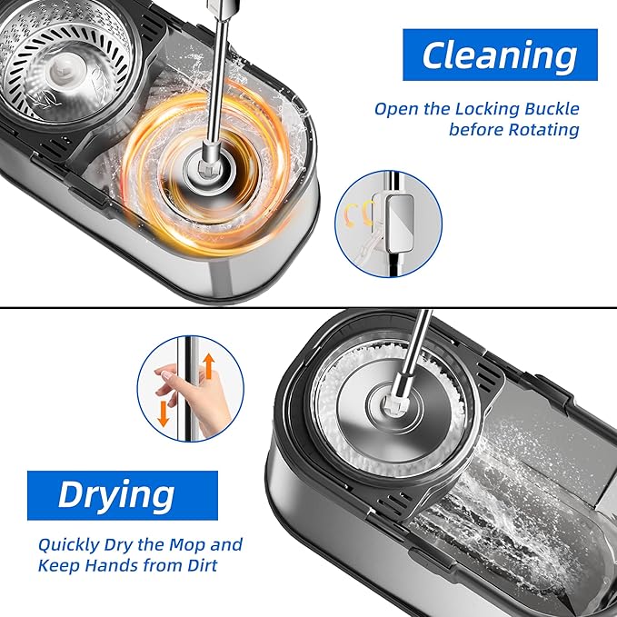 Spin Mop and Bucket with Wringer Set for Home,360° Mop and Bucket with Separate Clean and Dirty Water,Wet Dust Mop for Floor Cleaning with Extra Refills (Silver)