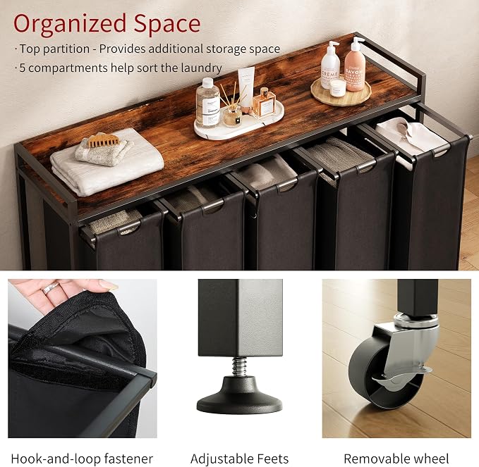 Herture Laundry Hamper with Shelf, Laundry Basket 5 Section, Laundry Sorter - Image 3