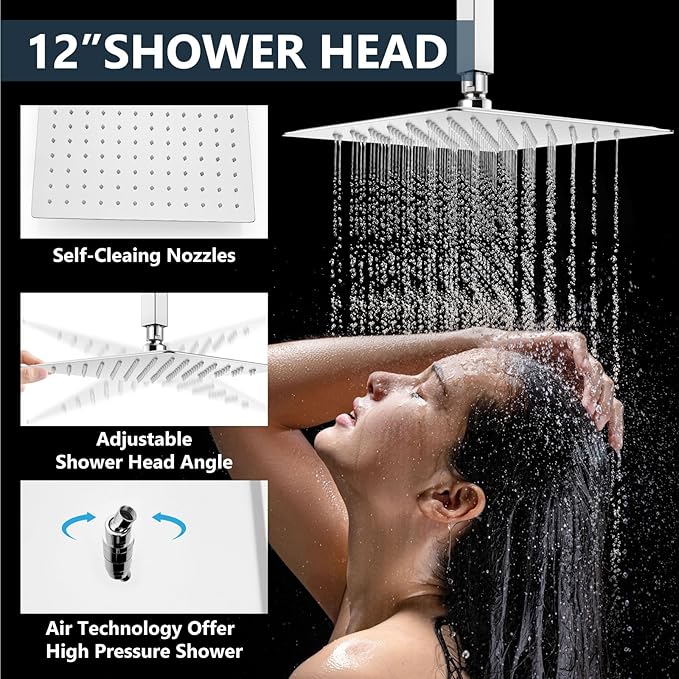 Aolemi Shower Faucet Set Ceiling Mount Shower System Rough-in Valve and Shower Trim Kit 2 in 1 Handheld Spray Push Button Diverter 12 and 6 Inch Dual Shower Head Polish Chrome