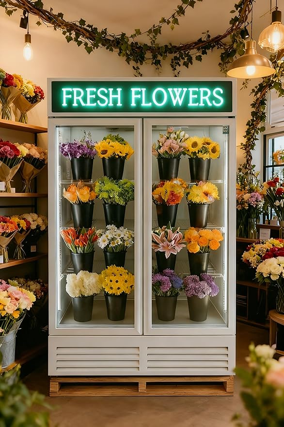 Commercial Flower Refrigerator Floral Display Cooler,White 2 Glass Doors Fridge With LED Light Adjustable Shelves,ETLSanitation Approval,42.5Cu Ft,47.2" Wide, Wheels Included