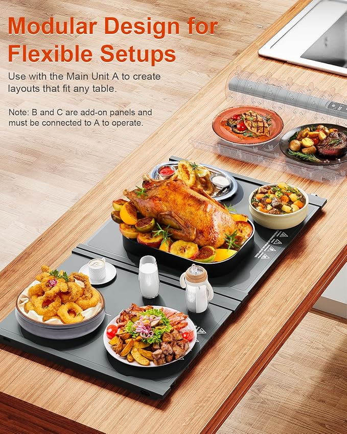 Food Warming Mat Extension Panels B+C for iTRUSOU Electric Warming Tray BWP01-A – Add-On Expandable Warming Mat for Food, Must Be Used with Main Control Panel A, For Buffet, Party Chafing Dishes