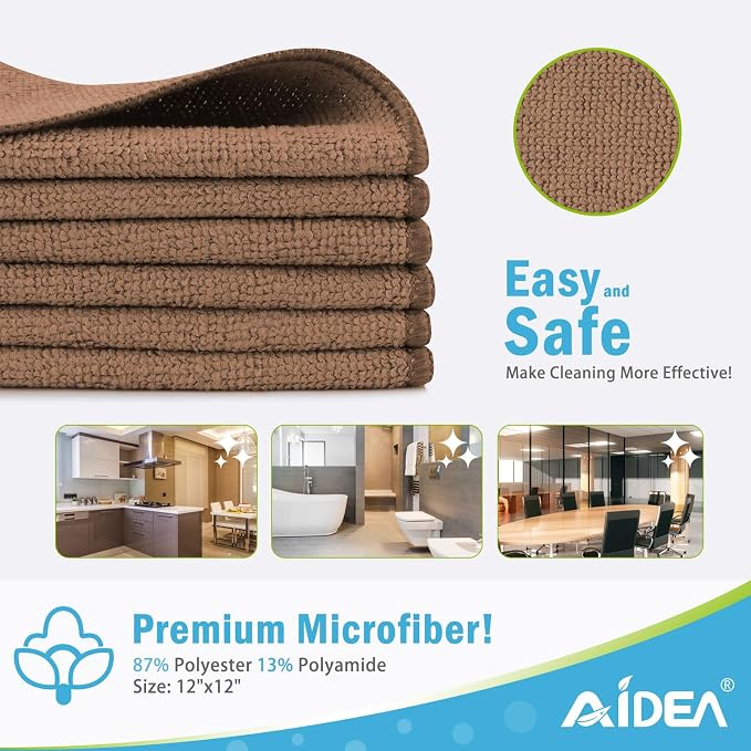 AIDEA Brown Microfiber Cleaning Cloth-12PK, Cleaning Rags 12"x12" Absorbent | - Image 2