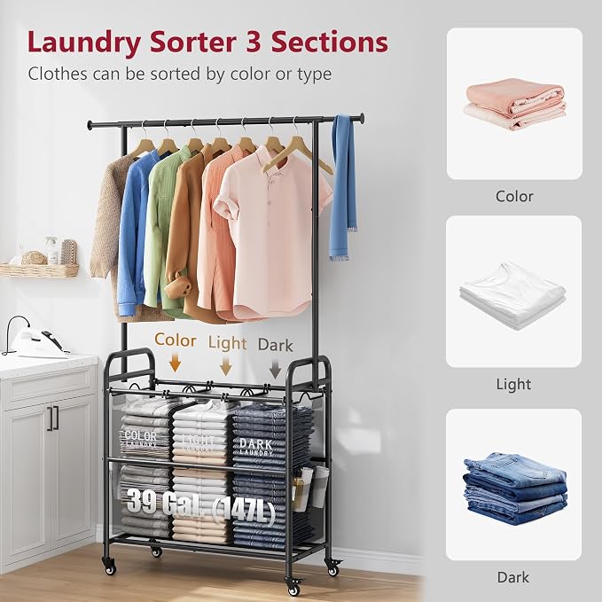 Tajsoon Laundry Sorter with Hanging Bar, 3 Section Laundry Hamper - Image 4
