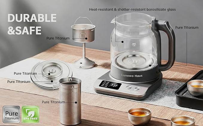 Titanium & Glass Electric Tea Kettle & Tea Maker, Pro Steam Extraction, 11 Temp & 10 Strength Levels, 12H Auto Warm, 1.2L 600W 120V,BPA-Free, 2Infusers