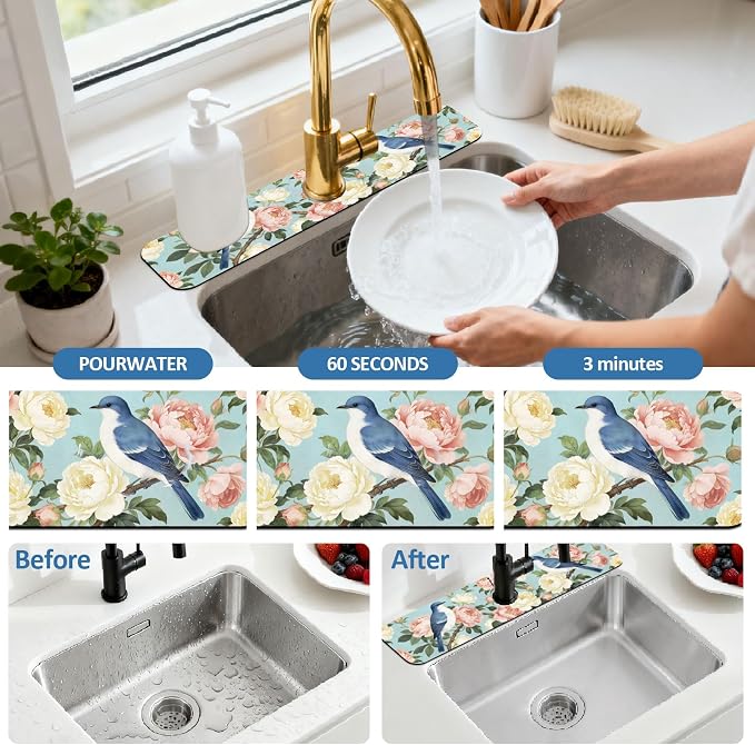 2 Pcs Kitchen Sink Splash Guard Faucet Mat Bluebird Faucet Mat - Image 5