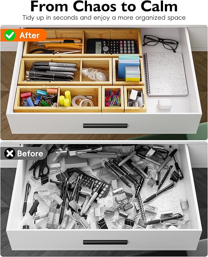 12-Piece Bamboo Drawer Organizer Set, 24 Compartments Modular Storage | Natural - Image 4