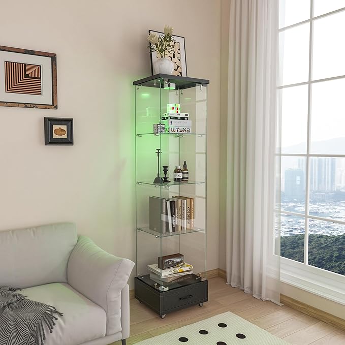 Yoluckea 4 Tiers Glass Display Cabinet with LED Lighting and Drawer, 1 Door Floor Standing Curio Cabinet with Wheel for Home, Office, Corner Display, Black Glass Bookshelf for Collections and Decor