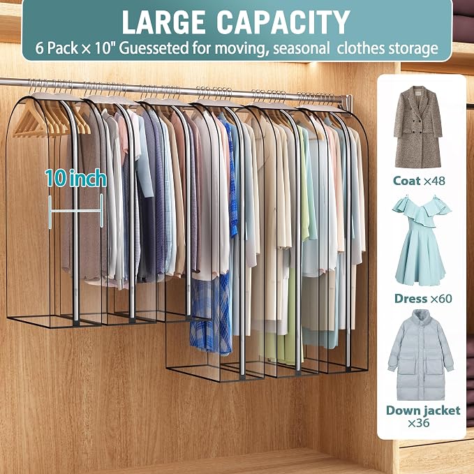 Liuoud Clear Garment Bags for Hanging Clothes 10” Gusseted, 6 Pack, 40”&50” | - Image 2