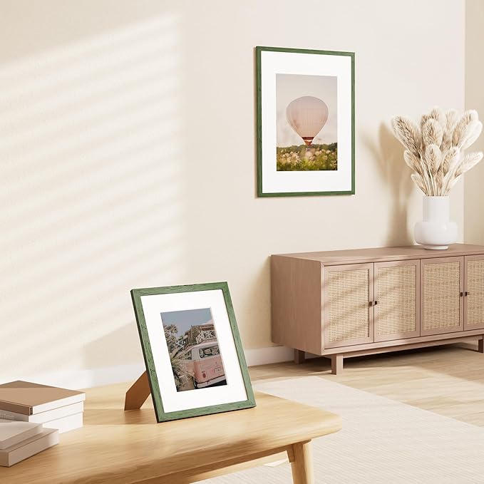 Vittanly 8x10 Picture Frame Set of 2, Solid Wood Frame for Wall or Tabletop, Display Photo 5x7 with Mat or 8x10 without Mat, Rustic Green