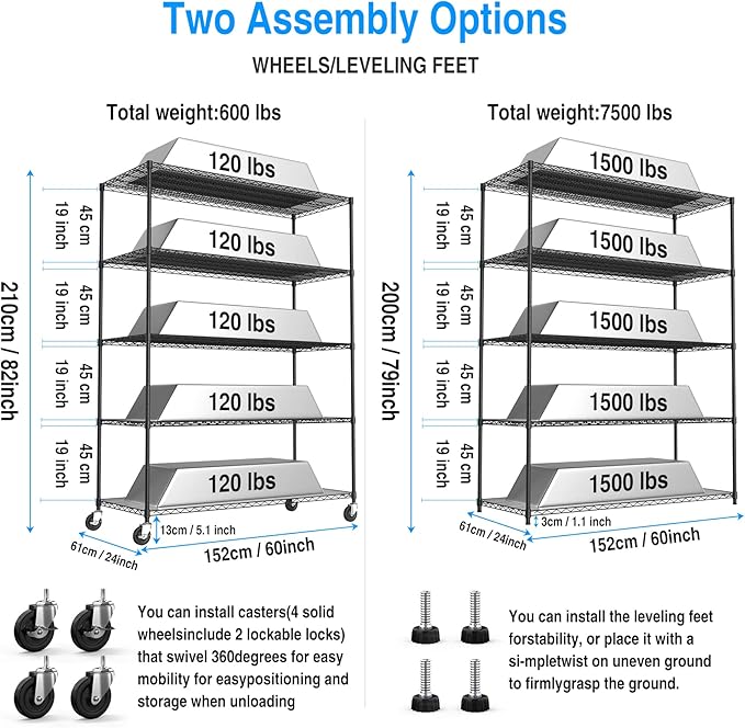 5 Tier 7500lbs Capacity NSF Metal Shelf Wire Shelving Unit, Heavy Duty Adjustable Storage Rack with Wheels & Shelf Liners for Commercial Grade Utility Steel Storage Rack, Black - 82"H x 60"L x 24"D