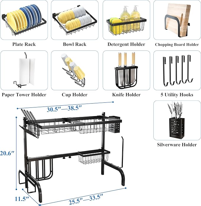 Over The Sink Dish Drying Rack, Adjustable 25.5-33.5 in, Snap-On Design - Image 6