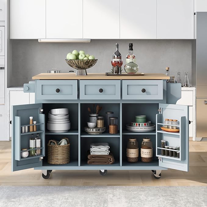 Rolling Mobile Kitchen Island Cart Breakfast Bar with Wood Top, Door Internal Storage Racks, 3 Drawers and 5 Wheels for Dining Room