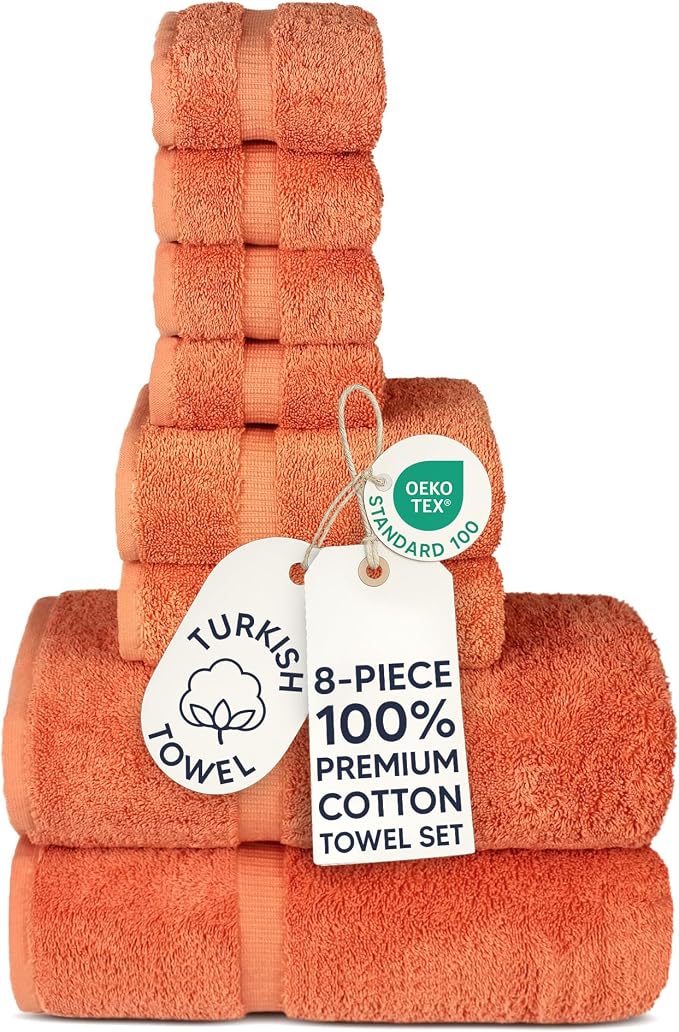 Chakir Turkish Linens 100% Cotton 8-Piece Towel Set, Coral | Premium Towel Set by ChakirTurkishLinens