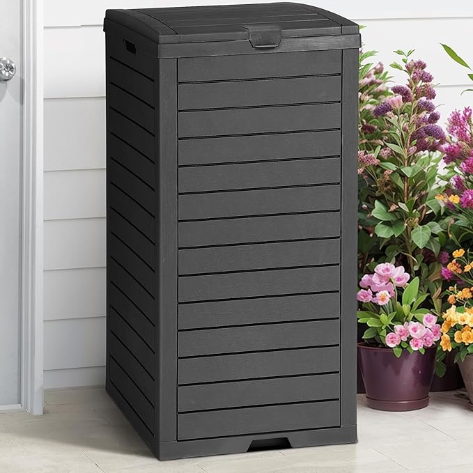 DWVO 38 Gallon Large Outdoor Trash Can, Waterproof Resin Hideaway Garbage Bin with Lid and Drip Tray, Outside Trash Bin for Porch, Backyard, Deck, Patio, Poolside, Easy to Clean, Black