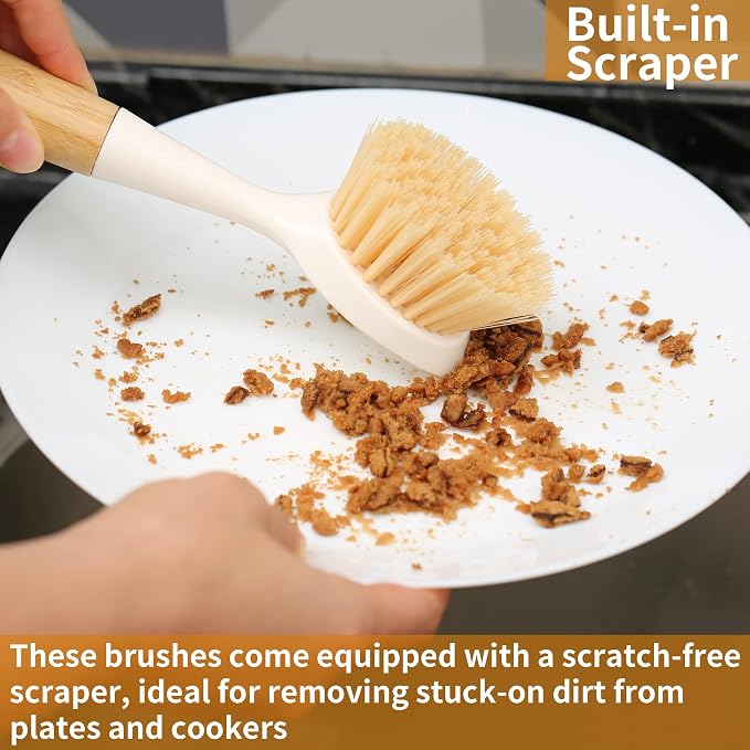 2 Pack Kitchen Dish Brush Bamboo Handle Dish Scrubber Built-in Scraper | Scrub - Image 5