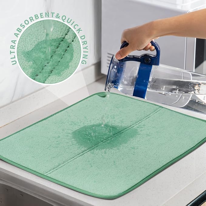 FRESHMINT Dish Drying Mats 2 Pack, Light Green | Quick Dry, Ultra Absorbent - Image 4