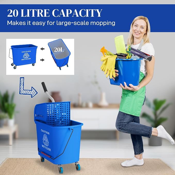 HOMCOM Commercial Mop Bucket Side Press Wringer Wheels 21 Quart Blue - Image 3