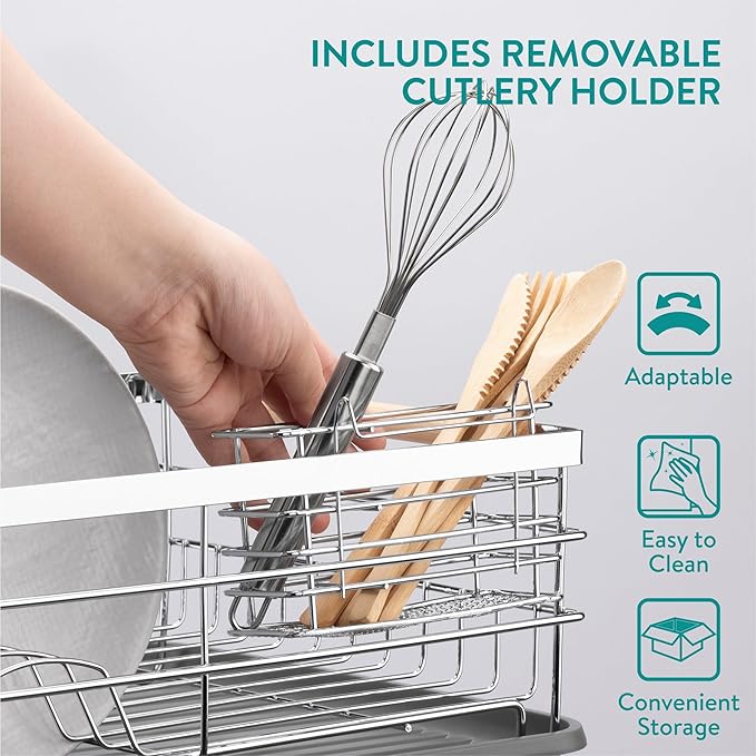 Navaris Dish Rack - Compact Drying Kitchen Board with Drip Tray & Cutlery Holder - Easy to Assemble and Clean Dishes - Sink Drainer Rack - Silver with Wooden Handles
