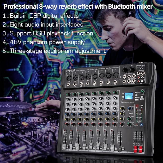 Depusheng DT8 Professional Mixer Sound Board Console 8 Channel Desk System Interface Digital USB Computer MP3 Input 48V Phantom Power Stereo DJ Studio FX Steel Chassis,Black