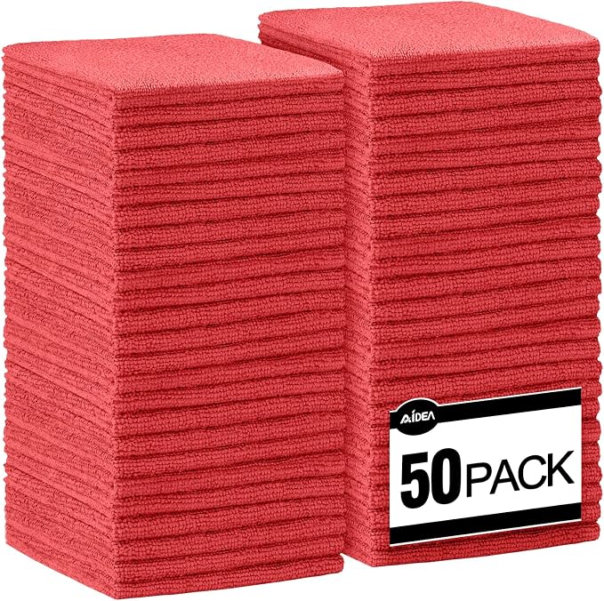 AIDEA Microfiber Cleaning Cloth Red-50PK, Soft Absorbent Shop Rags, Microfiber by AIDEAHOME