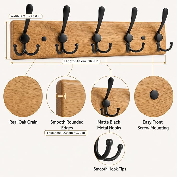 Solid Oak Wooden Coat Rack Wall Mount - Image 3