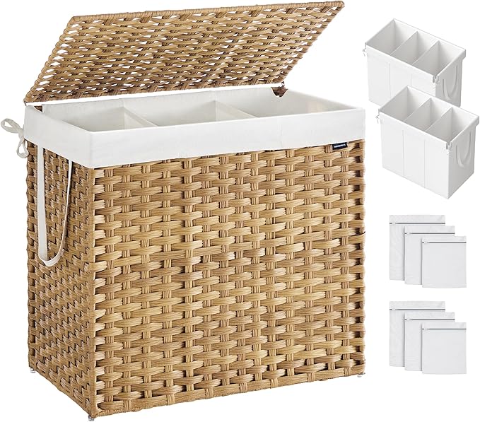 SONGMICS Laundry Hamper with Lid, 160L 3-Section Wicker Basket, 6 Mesh Bags by Unknown