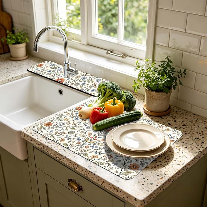 3 Pcs 2 Size Kitchen Sink Splash Guard Faucet Mat Wildflower Pattern Faucet Mat - Image 5