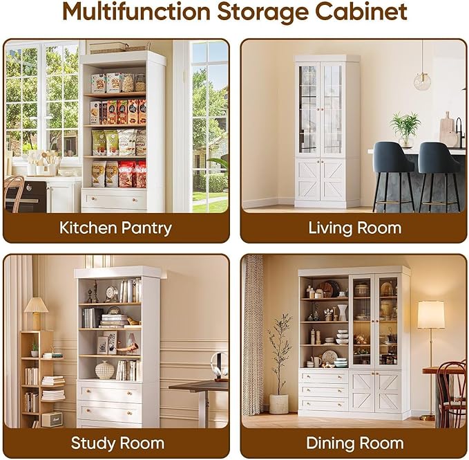 Vyre 71" Tall Farmhouse Pantry Cabinet Set of 4, Large Freestanding Storage Cabinets with Drawers and Adjustable Shelves, Versatile Hutch for Kitchen, Dining Room, or Living Room, White