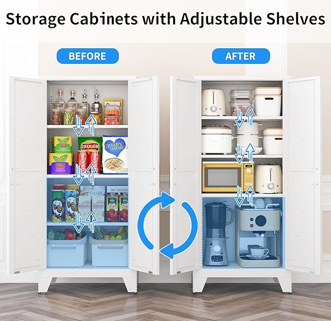 61" Tall Pantry Cabinet, White Metal Pantry Storage Cabinet, Kitchen Pantry Storage Cabinets with 2 Door and 3 Adjustable Shelves (White, 61" Modern)