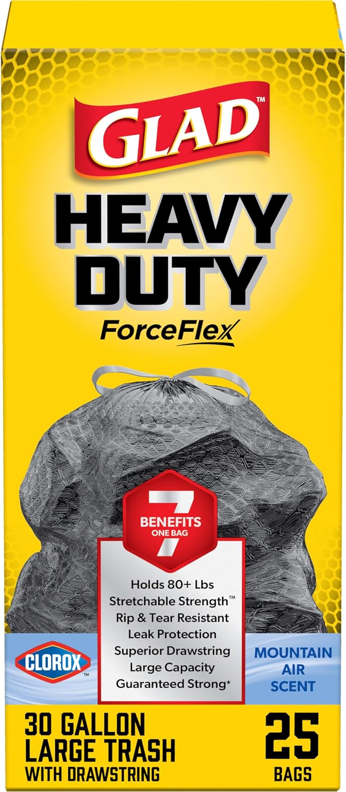 Glad Large 30 Gallon Trash Bags, Clorox Mountain Air Heavy Duty Garbage Bags by GladTrashFoodStorage