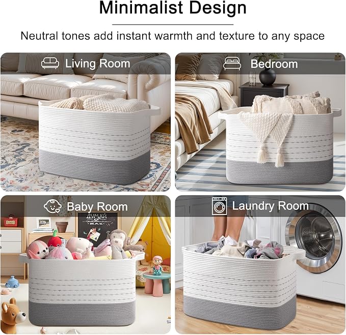 OIAHOMY 108L Extra Large Blanket Basket, 25”x16”x16” Rectangle Woven Cotton - Image 6
