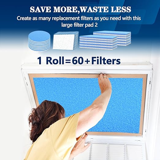 MERV 8 Air Vent Filters, 16" x 90"Cut to Fit Air Filter Material (60+ Filters),Electrostatic Triple Vent Filter for Floor, Ceiling, HVAC Furnace Vents, Includes 48 Adhesive Hook Tape