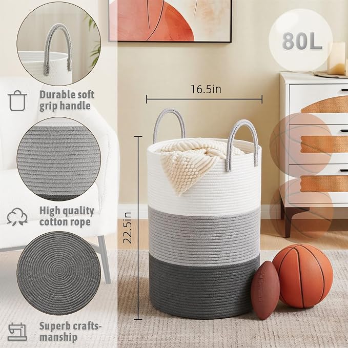 Artfeel Laundry Basket, Woven Cotton Rope Laundry Hamper, 80L - Image 6