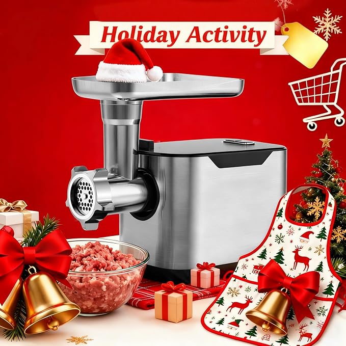 #8 Meat Grinder, 3200W Max Electric Heavy Duty Sausage Stuff, Rotary Cheese Grater with 3 Interchangeable Blades, 2 Blades, 3 Plates, 4 Sausage Tubes, Kibbe, Burger Press & Meat Claws