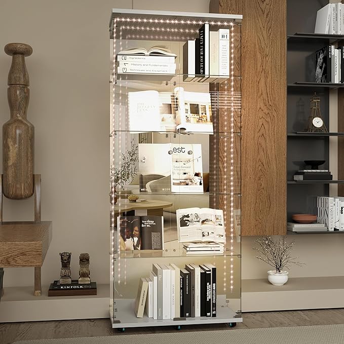 Yoluckea 5 Tiers Glass Display Cabinet with Bluetooth LED Light Strip, 2 Doors Floor Standing Curio Cabinet with Universal Wheel and Mirror Back Panel, White Glass Bookshelf for Collections, Wood Top