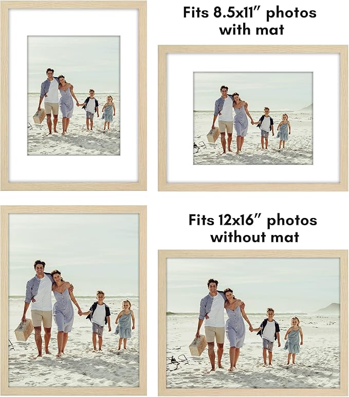 Americanflat 12x16 Picture Frame with Polished Plexiglass - Set of 5 - Use as 8.5x11 Frame with Mat or Display 12x16 Photo Without Mat - Galleria Collection - Picture Frames for Wall - Natural Oak