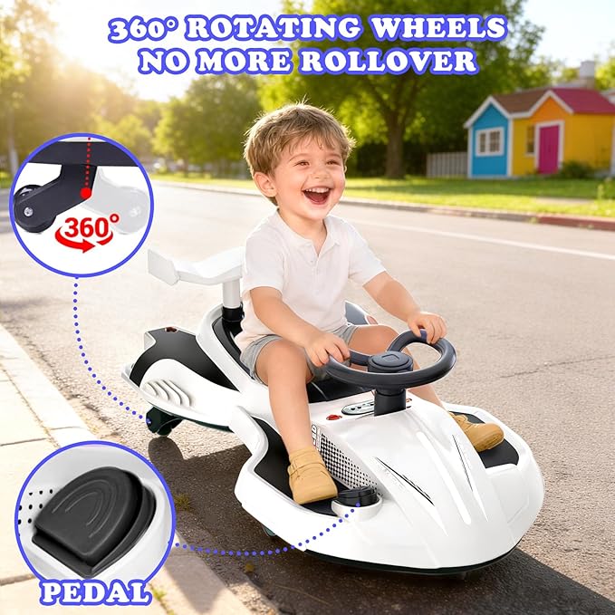 12V Electric Wiggle Car Ride On Toy, Swing Car with Pedal, for Kids from Ages 3 and Up, Birthday Gifts for Boys and Girls, Anti-Rollover, Flashing Wheels, Bluetooth (Black+White)