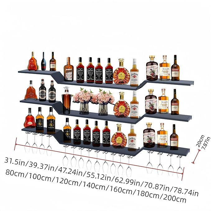 47.2" Wall Mounted LED Wine Rack, 3-Tier Floating Bar Shelves, Large Liquor Shelf with Wine Glass Rack, Large Bar Rack Wall Mounted for Liquor Bottles, Home Bar, Dining Room or Cafe, Gold