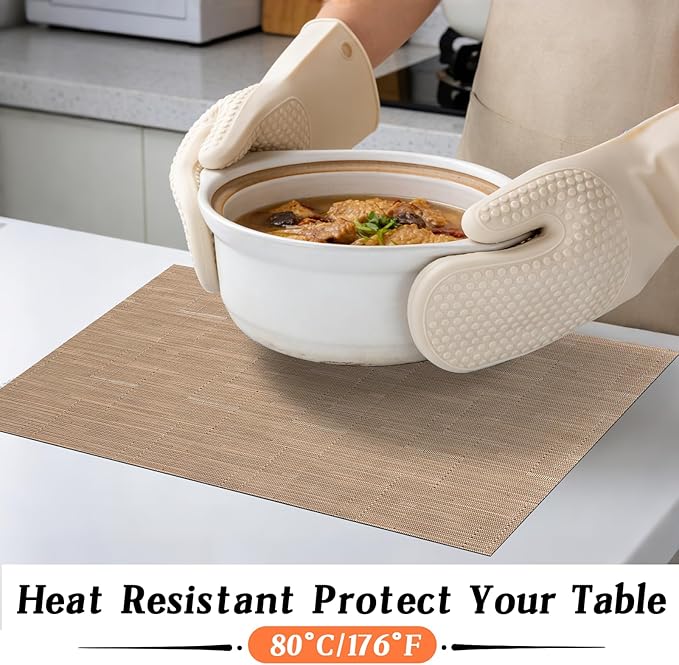 Timeet Placemats Set of 4, Heat Resistant Non-Slip Place Mats, Durable Washable PVC Vinyl Woven Table Mats, Linen Textured Table Placemats for Dining Kitchen Resistant Easy to Clean(Brown)