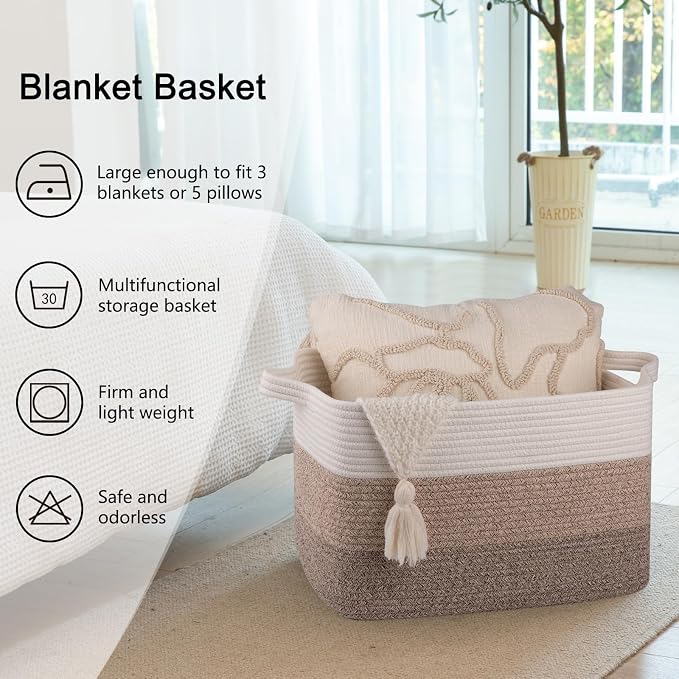 OIAHOMY Woven Blanket Basket Laundry Basket Dog Toy Basket Gradient Brown - Image 6